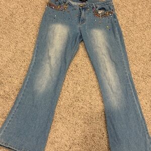 ECI New York Blue Flare Wide Leg Jeans with Distressed Detailing